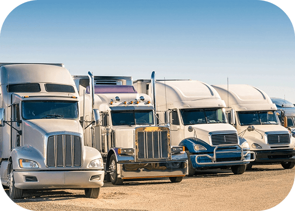 A row of trucks parked in a lot.